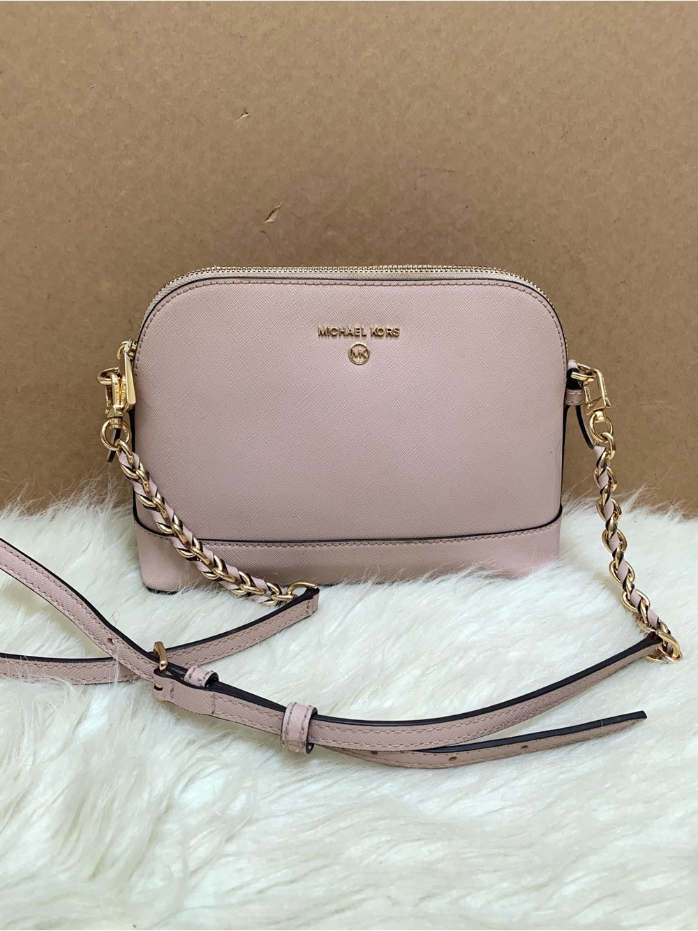 Michael Kors Soft Pink Saffiano Leather Charm Dome Chain Crossbody